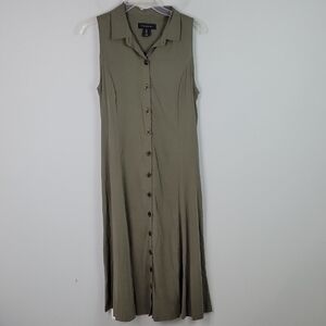 Tahari olive green sleeveless midi dress button front size 2